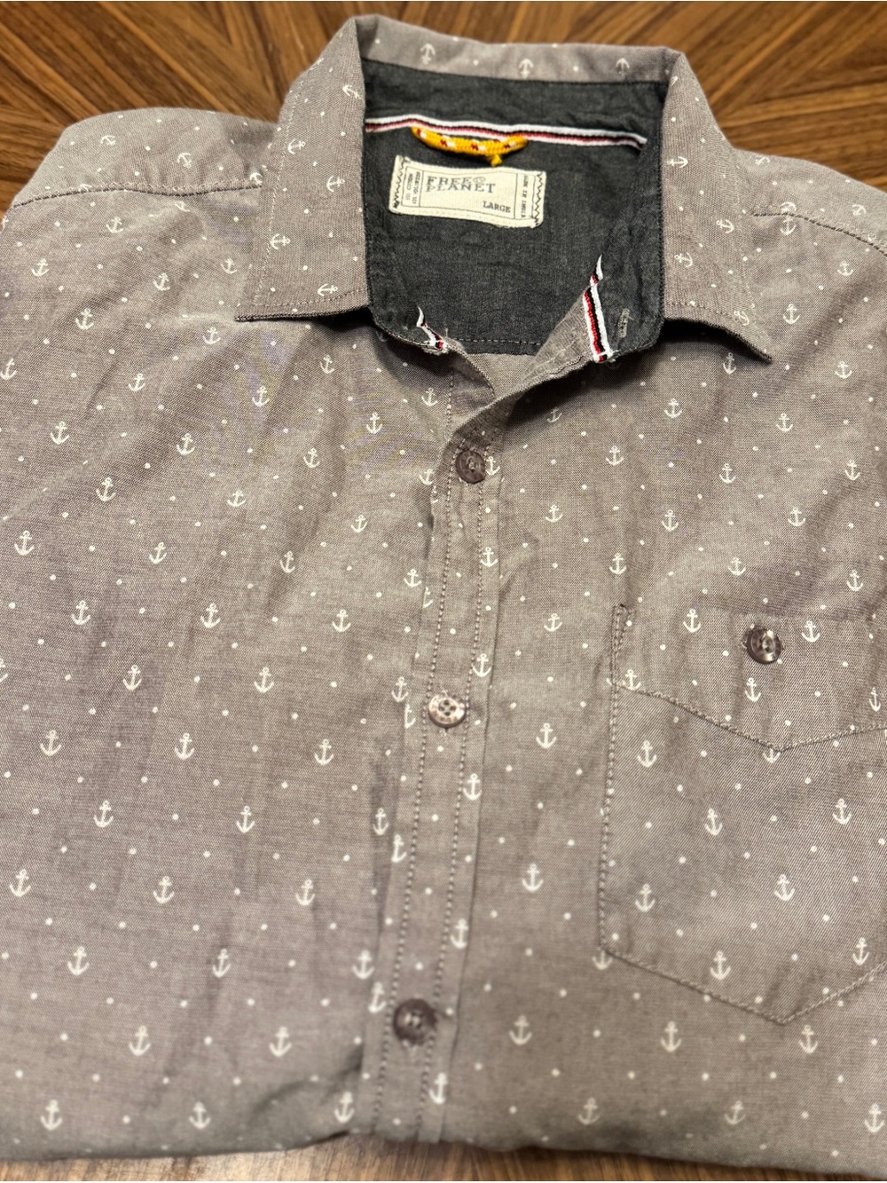 Free Planet Gray Anchor Print Casual Button-Down Shirt